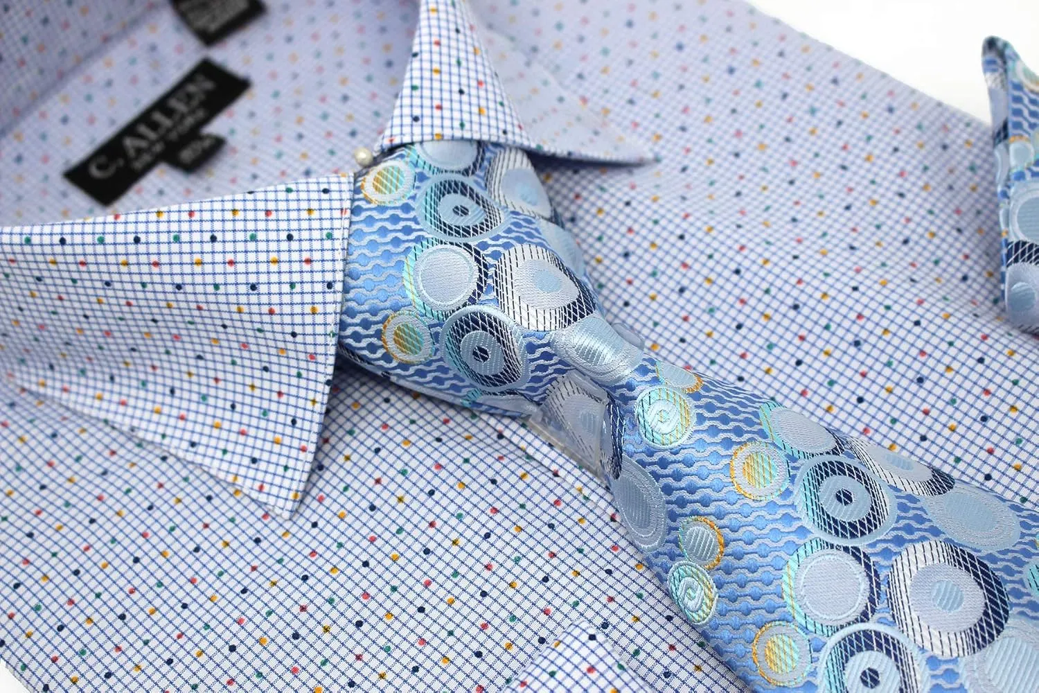 Men's Checks Dot Printed Regular Fit French Cuffs Dress Shirts with Tie Hanky Cufflinks Combo