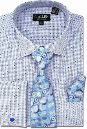 Men's Checks Dot Printed Regular Fit French Cuffs Dress Shirts with Tie Hanky Cufflinks Combo