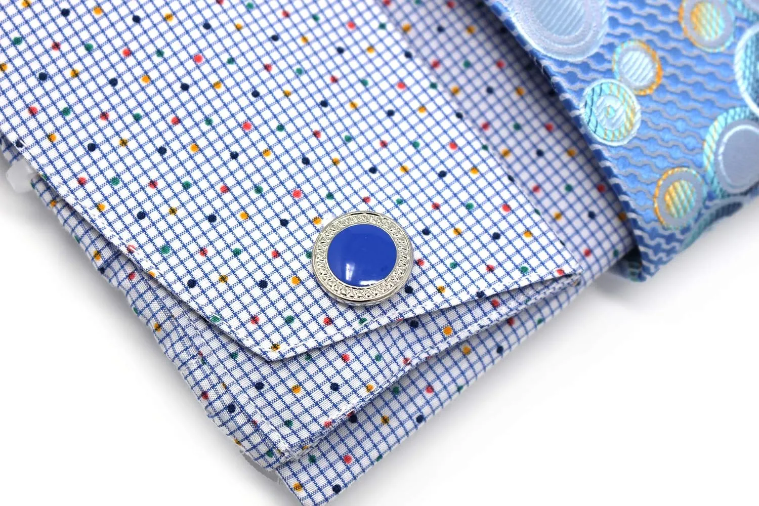 Men's Checks Dot Printed Regular Fit French Cuffs Dress Shirts with Tie Hanky Cufflinks Combo