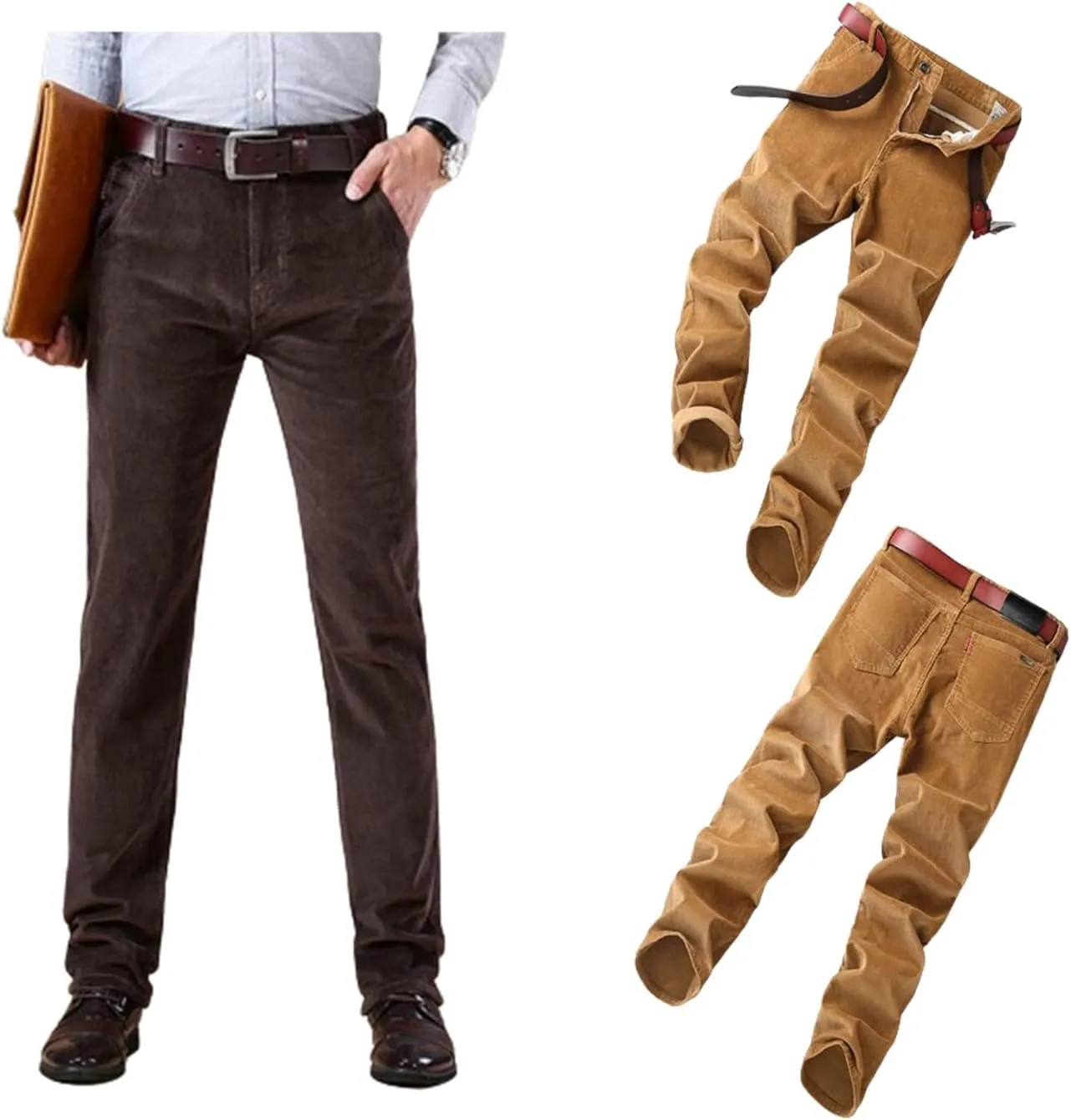 Men's Corduroy Straight Pant,Classic Slim Fit Business Suit Trousers,Flat-Front Casual Stretch Pants with Pockets