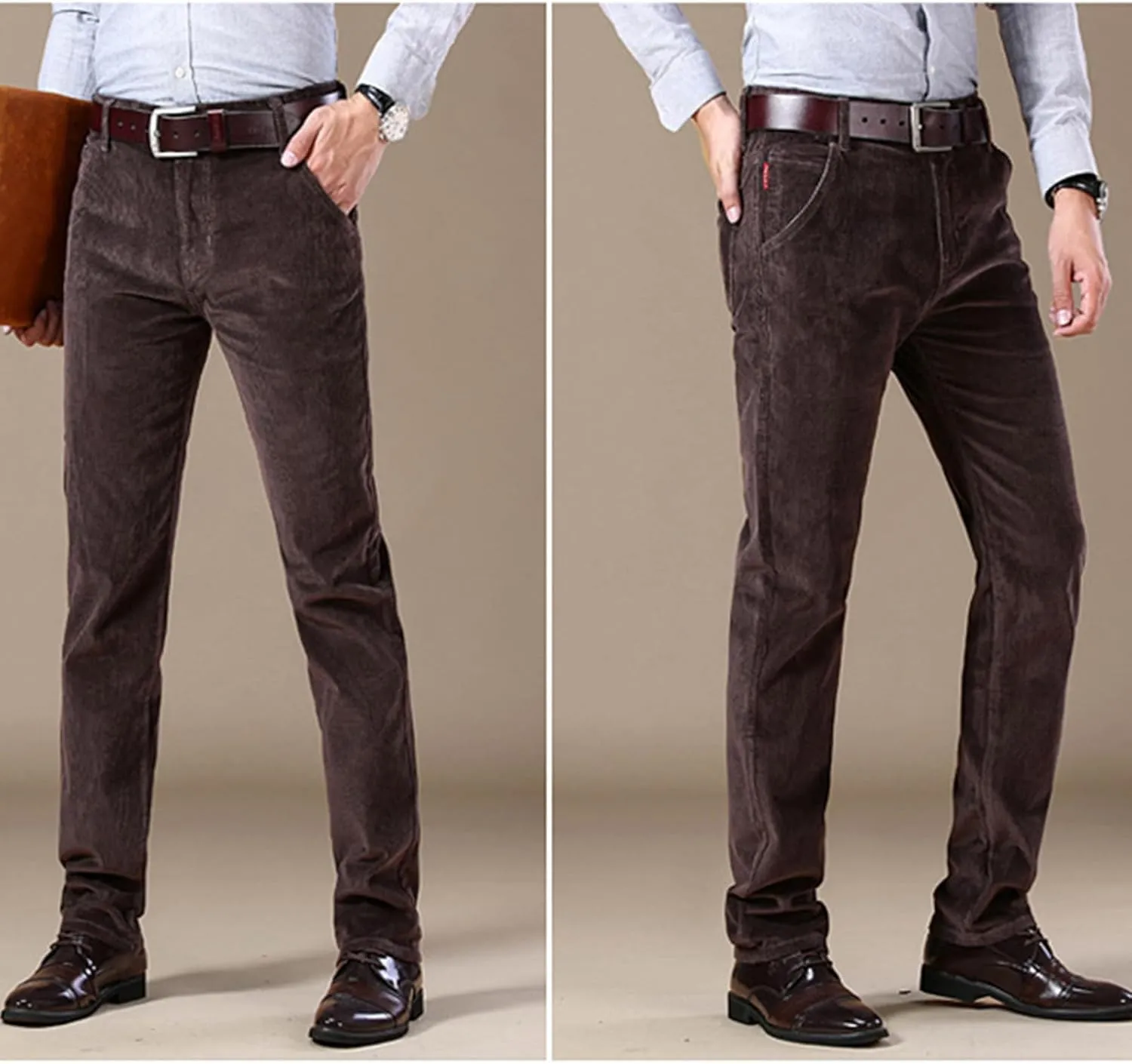 Men's Corduroy Straight Pant,Classic Slim Fit Business Suit Trousers,Flat-Front Casual Stretch Pants with Pockets
