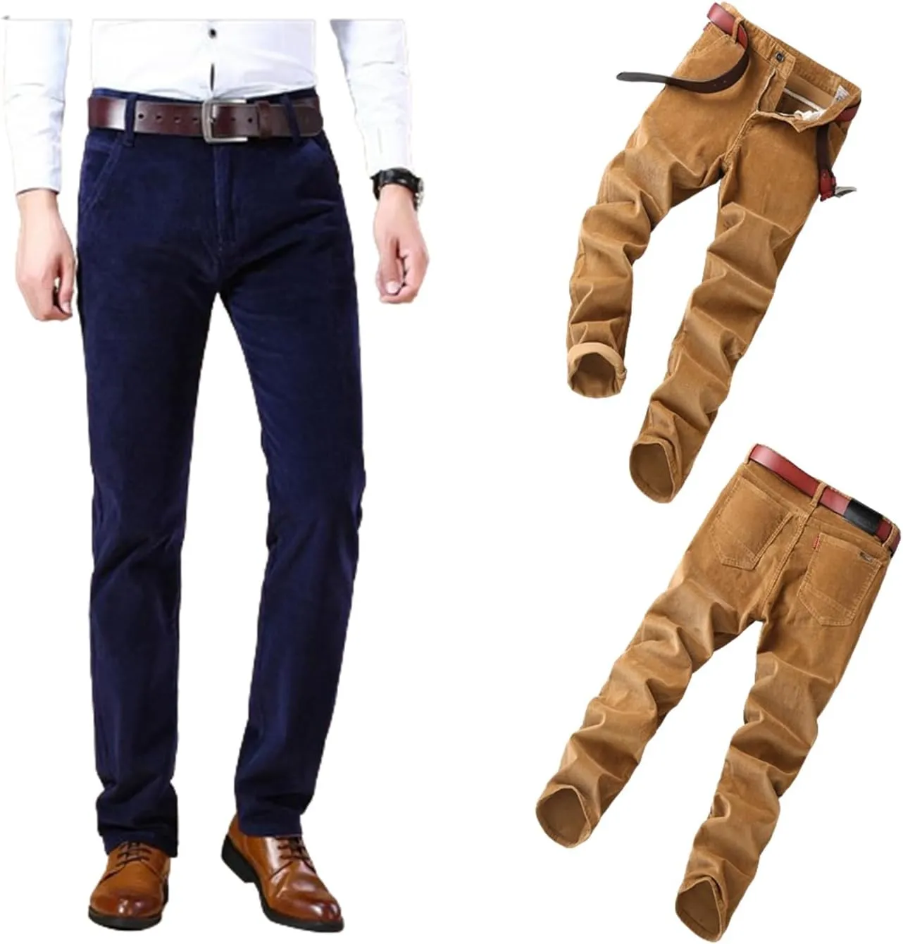 Men's Corduroy Straight Pant,Classic Slim Fit Business Suit Trousers,Flat-Front Casual Stretch Pants with Pockets