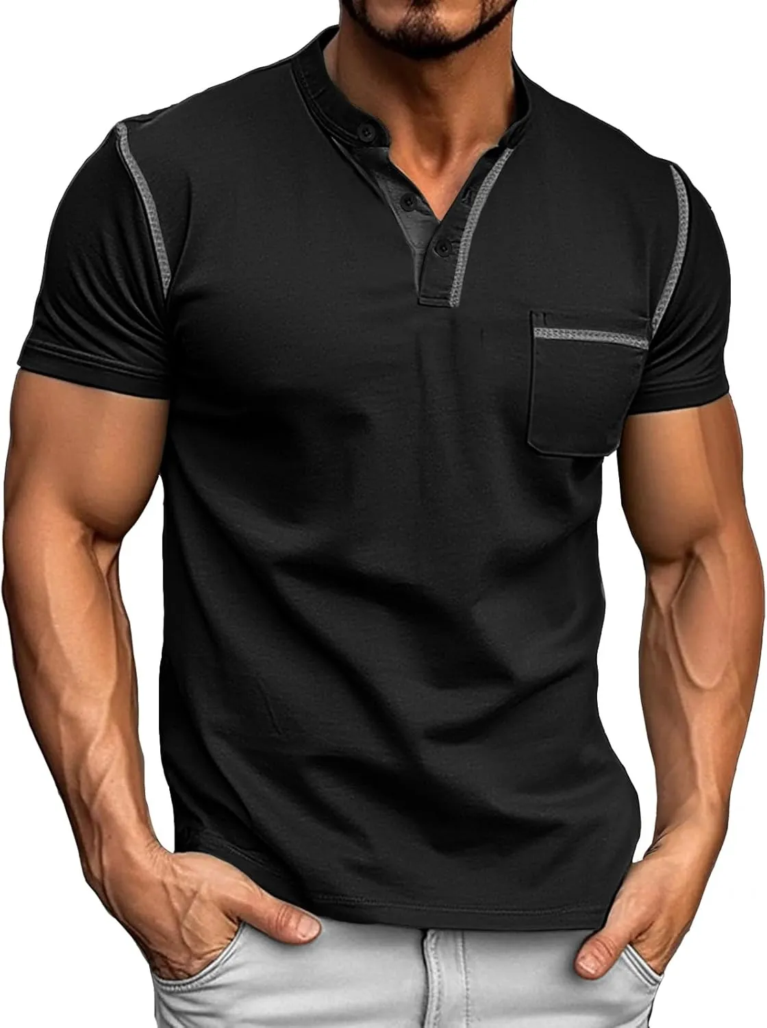 Mens Henley Shirts Short Sleeve Summer Tops, Men's Casual Classic Tees Cotton T Shirt with Front Pocket for Men