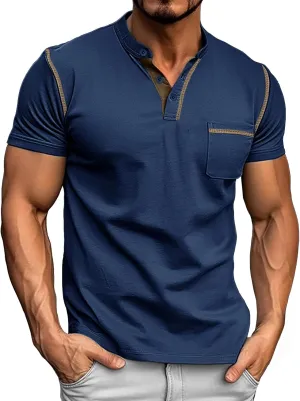 Mens Henley Shirts Short Sleeve Summer Tops, Men's Casual Classic Tees Cotton T Shirt with Front Pocket for Men
