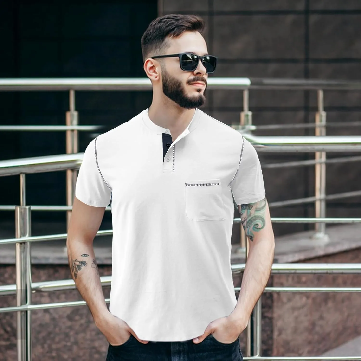 Mens Henley Shirts Short Sleeve Summer Tops, Men's Casual Classic Tees Cotton T Shirt with Front Pocket for Men