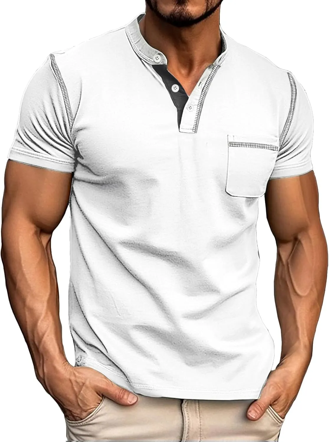 Mens Henley Shirts Short Sleeve Summer Tops, Men's Casual Classic Tees Cotton T Shirt with Front Pocket for Men