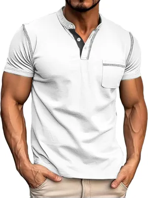 Mens Henley Shirts Short Sleeve Summer Tops, Men's Casual Classic Tees Cotton T Shirt with Front Pocket for Men