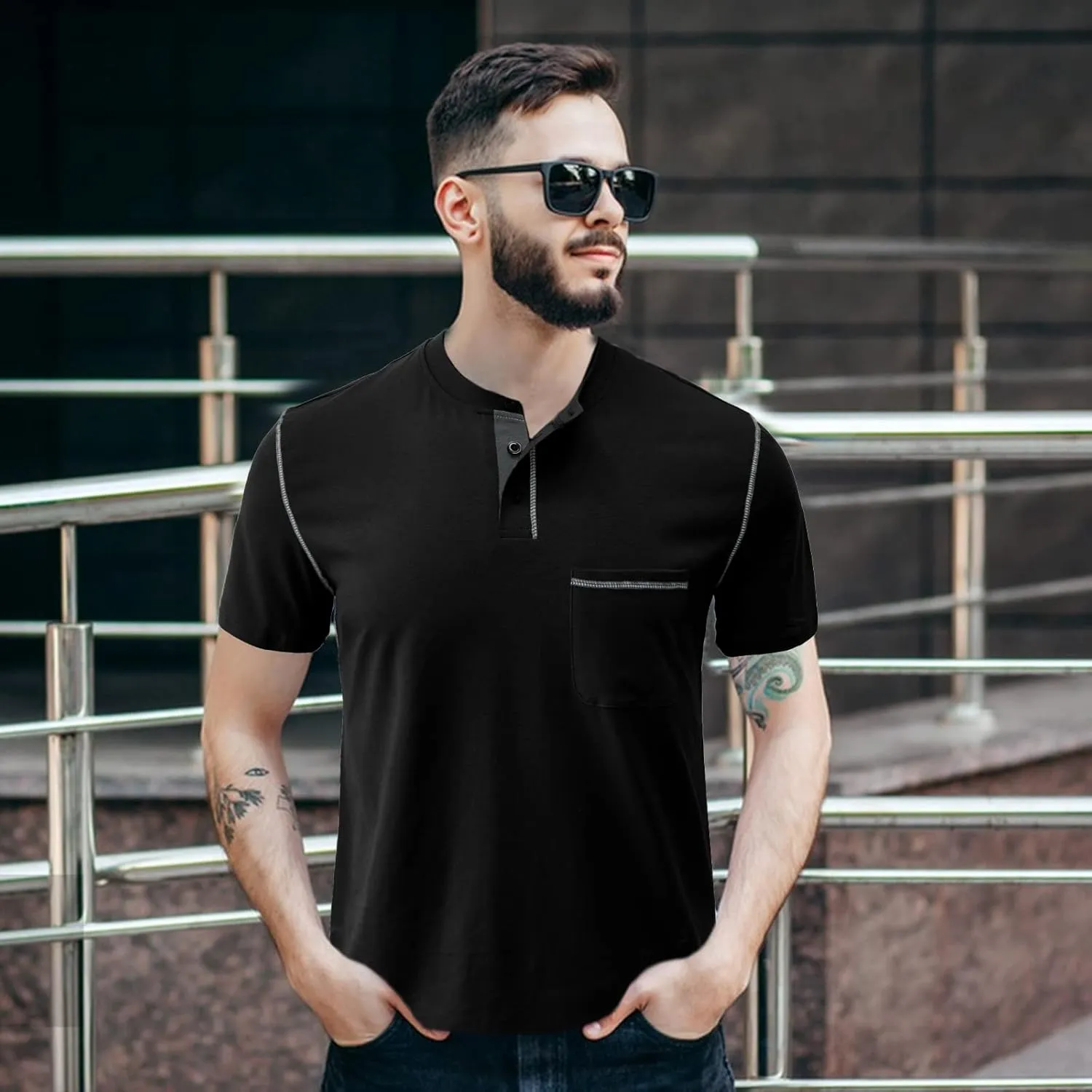 Mens Henley Shirts Short Sleeve Summer Tops, Men's Casual Classic Tees Cotton T Shirt with Front Pocket for Men