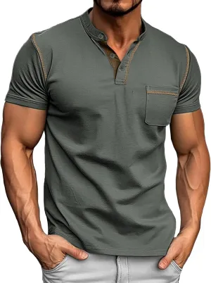 Mens Henley Shirts Short Sleeve Summer Tops, Men's Casual Classic Tees Cotton T Shirt with Front Pocket for Men