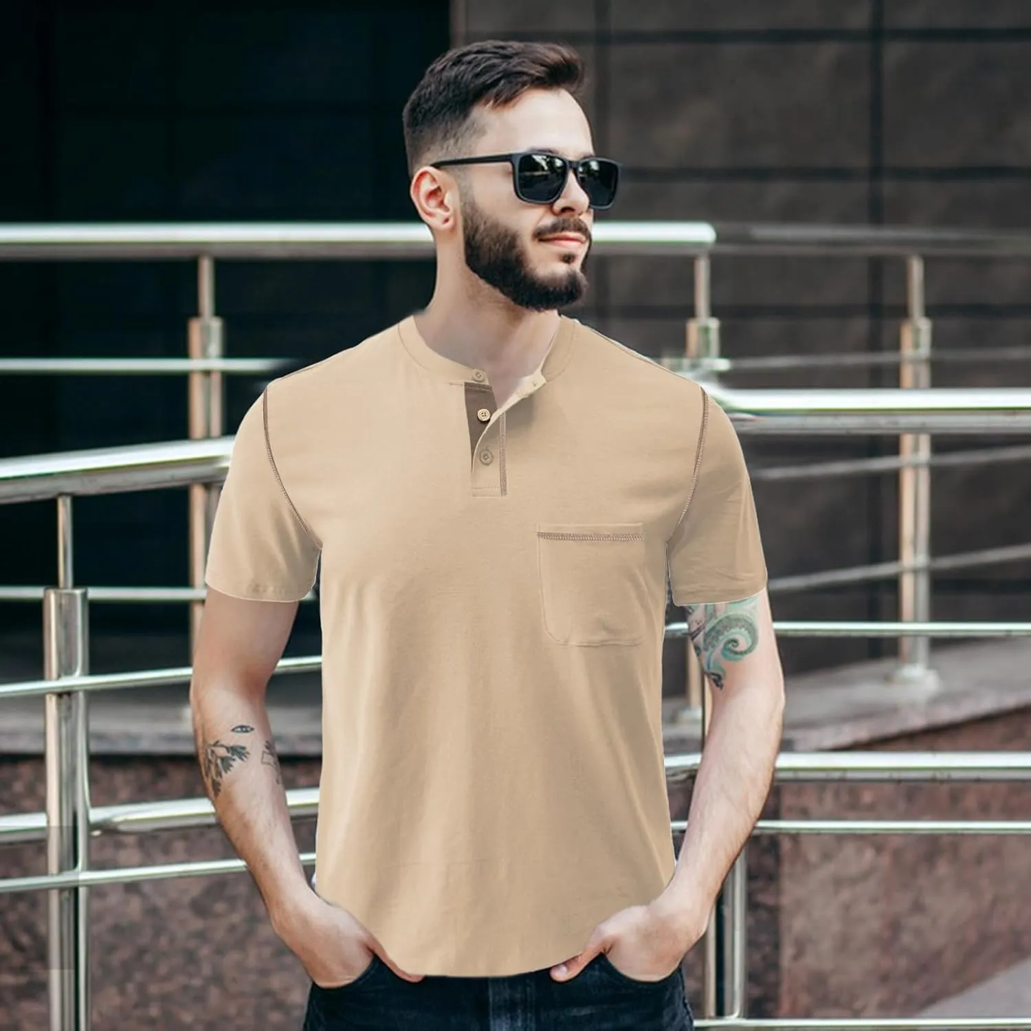 Mens Henley Shirts Short Sleeve Summer Tops, Men's Casual Classic Tees Cotton T Shirt with Front Pocket for Men