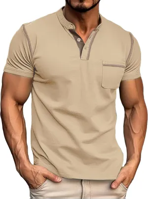 Mens Henley Shirts Short Sleeve Summer Tops, Men's Casual Classic Tees Cotton T Shirt with Front Pocket for Men
