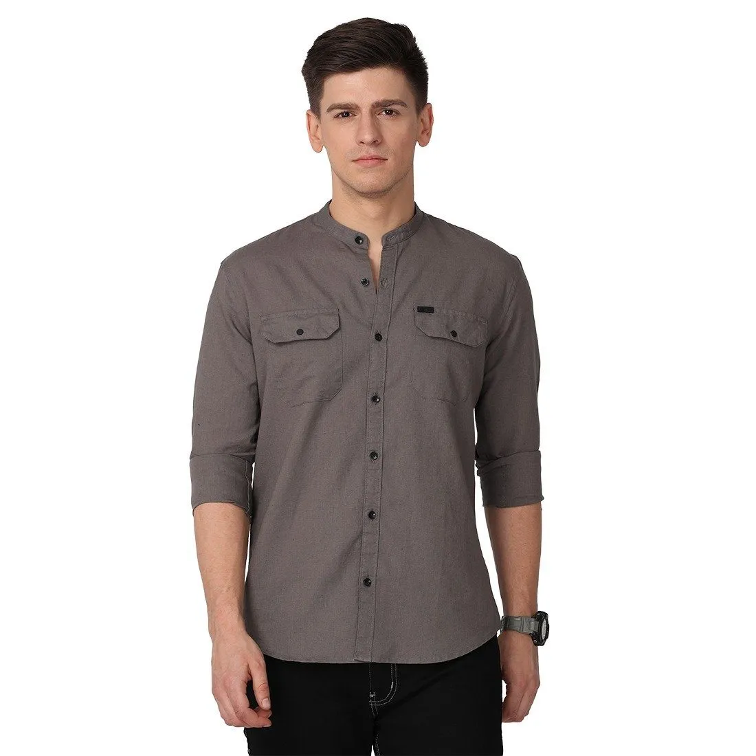 Men's Long Sleeve Band Collar Shirt