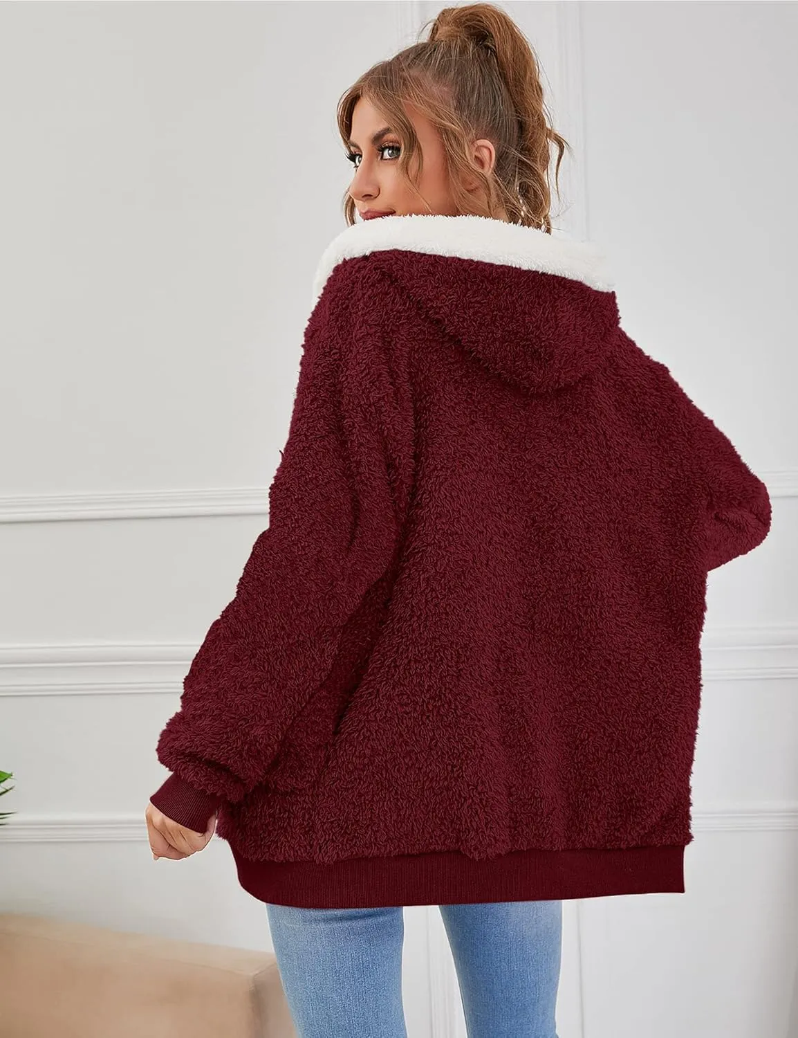 Micoson Women Fashion Color Block Faux Shearling Coat Warm Hooded Zip Up Fuzzy Winter Jacket with Pockets