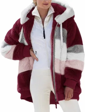 Micoson Women Fashion Color Block Faux Shearling Coat Warm Hooded Zip Up Fuzzy Winter Jacket with Pockets