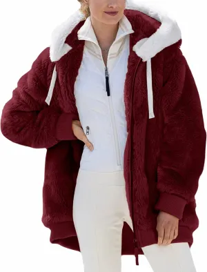Micoson Women Fashion Color Block Faux Shearling Coat Warm Hooded Zip Up Fuzzy Winter Jacket with Pockets