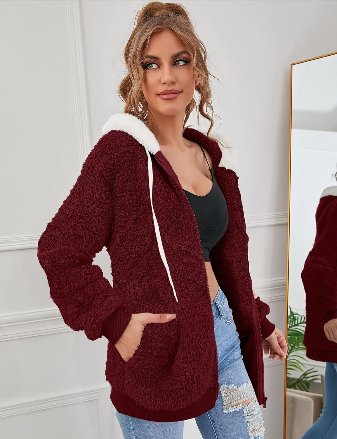 Micoson Women Fashion Color Block Faux Shearling Coat Warm Hooded Zip Up Fuzzy Winter Jacket with Pockets