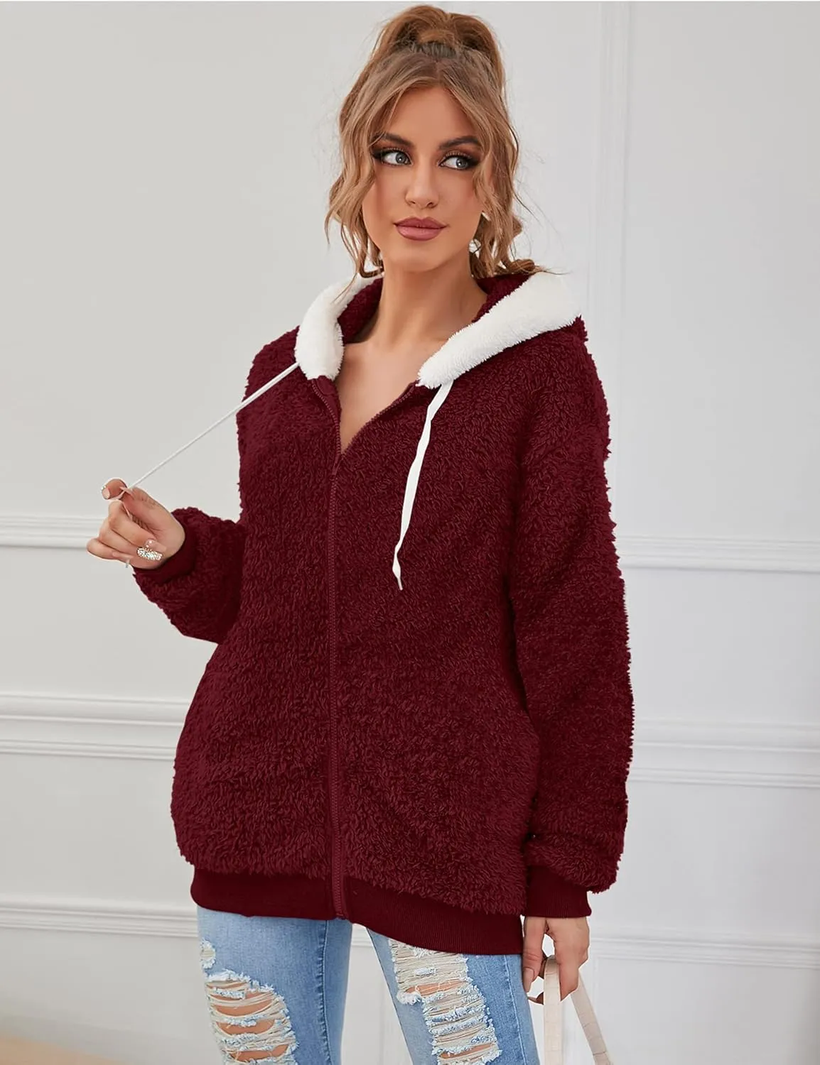 Micoson Women Fashion Color Block Faux Shearling Coat Warm Hooded Zip Up Fuzzy Winter Jacket with Pockets