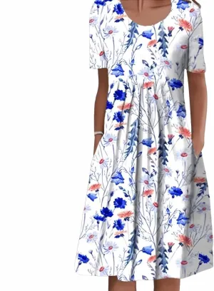 Mid Length Dress for Women Crewneck Floral Sun Dress 2025 Vintage Dresses Loose Fit Trendy Boho Dresses