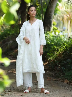 Mulmul Cotton Sira Stak White Kurta With Mulmul Cotton Yara White Pant