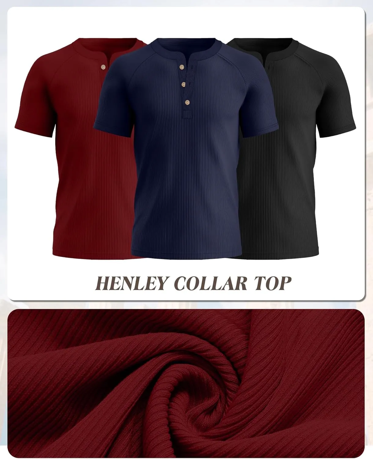 Neer 3 Pack Men's Ribbed Henley Shirts Short Sleeve Raglan Casual T-Shirts Classic Summer Button Placket Muscle Tees
