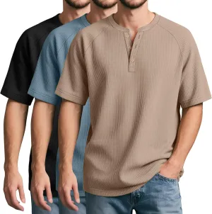 Neer 3 Pack Men's Ribbed Henley Shirts Short Sleeve Raglan Casual T-Shirts Classic Summer Button Placket Muscle Tees