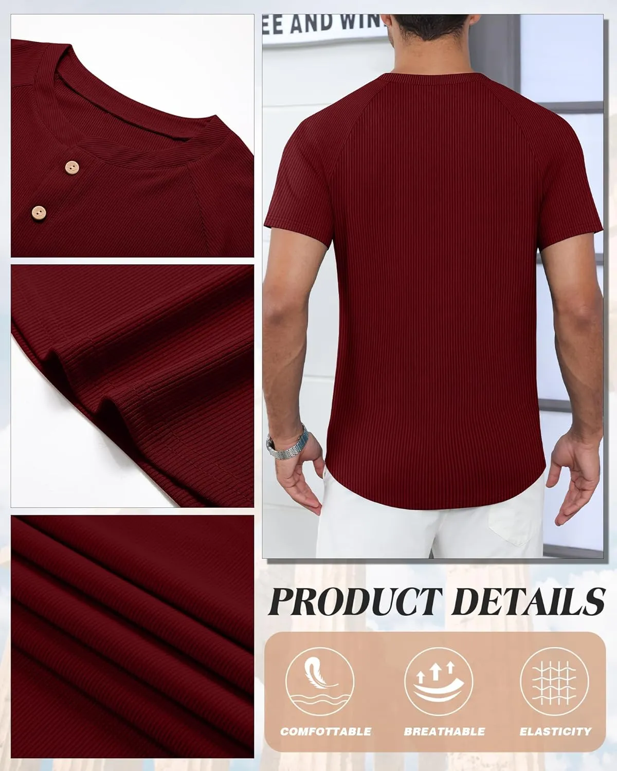 Neer 3 Pack Men's Ribbed Henley Shirts Short Sleeve Raglan Casual T-Shirts Classic Summer Button Placket Muscle Tees