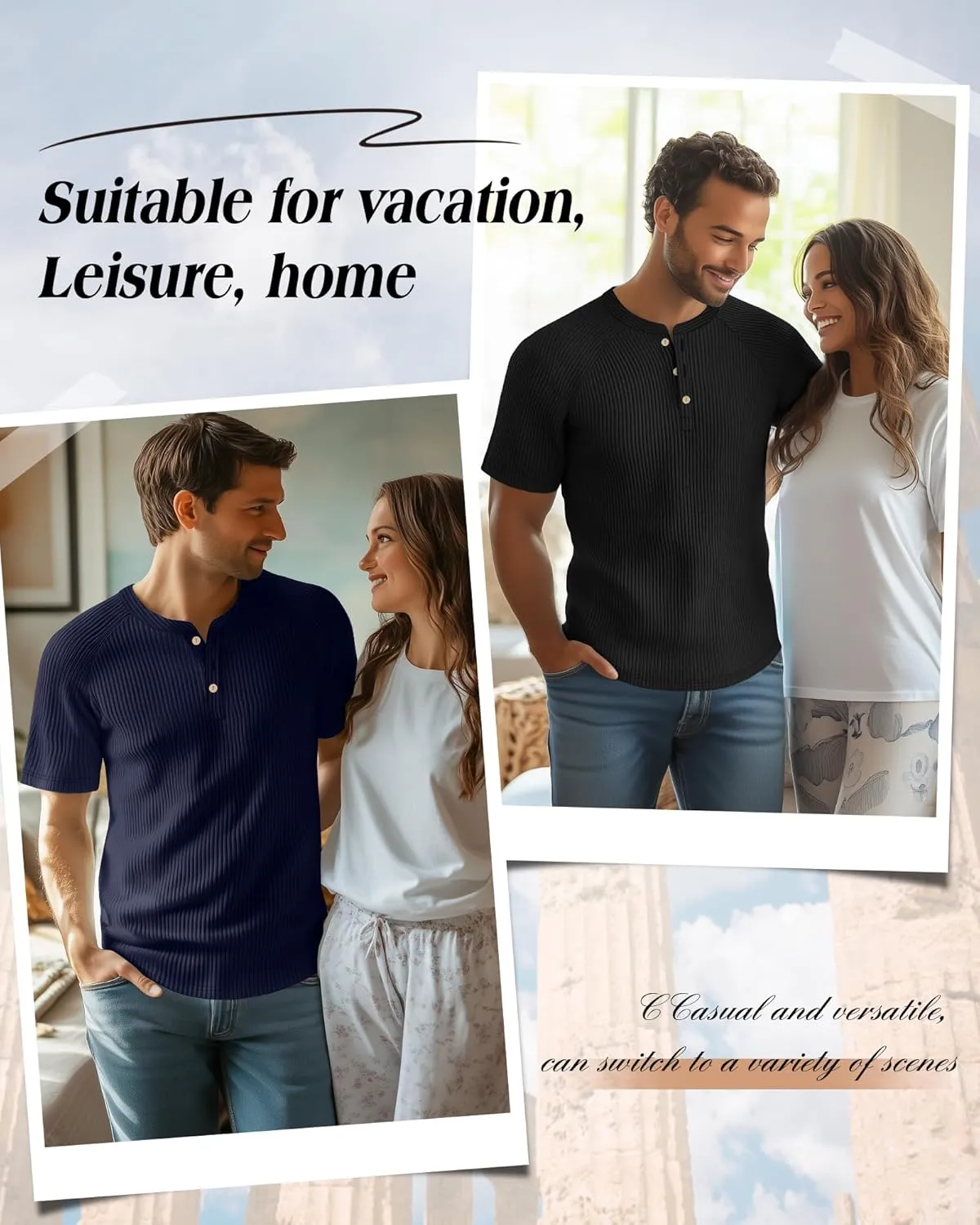 Neer 3 Pack Men's Ribbed Henley Shirts Short Sleeve Raglan Casual T-Shirts Classic Summer Button Placket Muscle Tees
