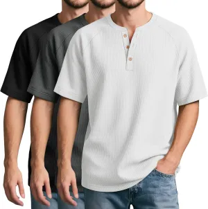 Neer 3 Pack Men's Ribbed Henley Shirts Short Sleeve Raglan Casual T-Shirts Classic Summer Button Placket Muscle Tees