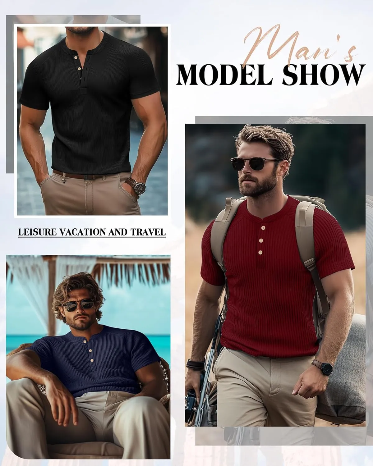 Neer 3 Pack Men's Ribbed Henley Shirts Short Sleeve Raglan Casual T-Shirts Classic Summer Button Placket Muscle Tees