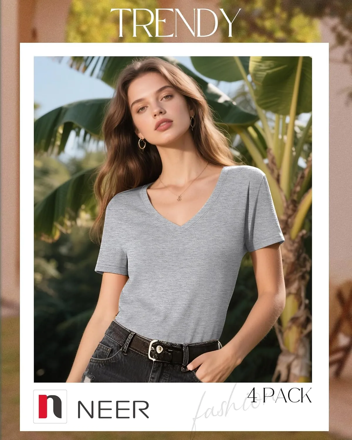 Neer 4 Pack Women's V Neck T-Shirts Summer Short Sleeve Casual Tops Loose Fit Flat Hem Basic Tees