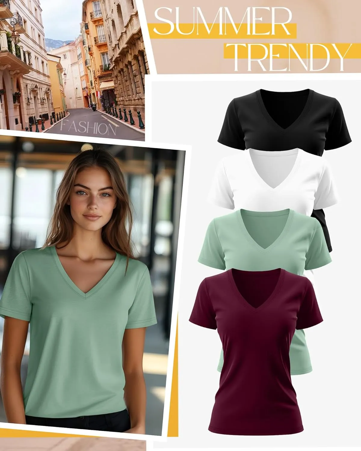 Neer 4 Pack Women's V Neck T-Shirts Summer Short Sleeve Casual Tops Loose Fit Flat Hem Basic Tees
