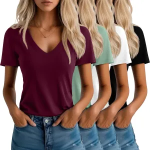 Neer 4 Pack Women's V Neck T-Shirts Summer Short Sleeve Casual Tops Loose Fit Flat Hem Basic Tees