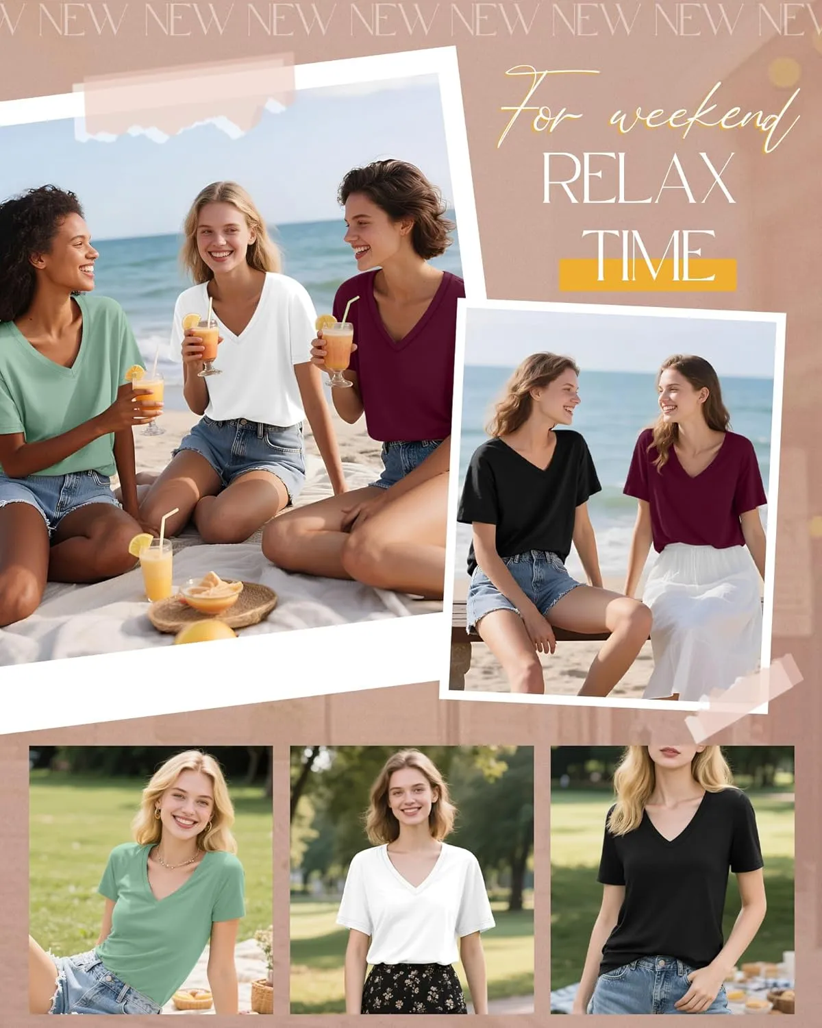 Neer 4 Pack Women's V Neck T-Shirts Summer Short Sleeve Casual Tops Loose Fit Flat Hem Basic Tees