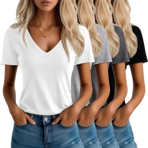 Neer 4 Pack Women's V Neck T-Shirts Summer Short Sleeve Casual Tops Loose Fit Flat Hem Basic Tees