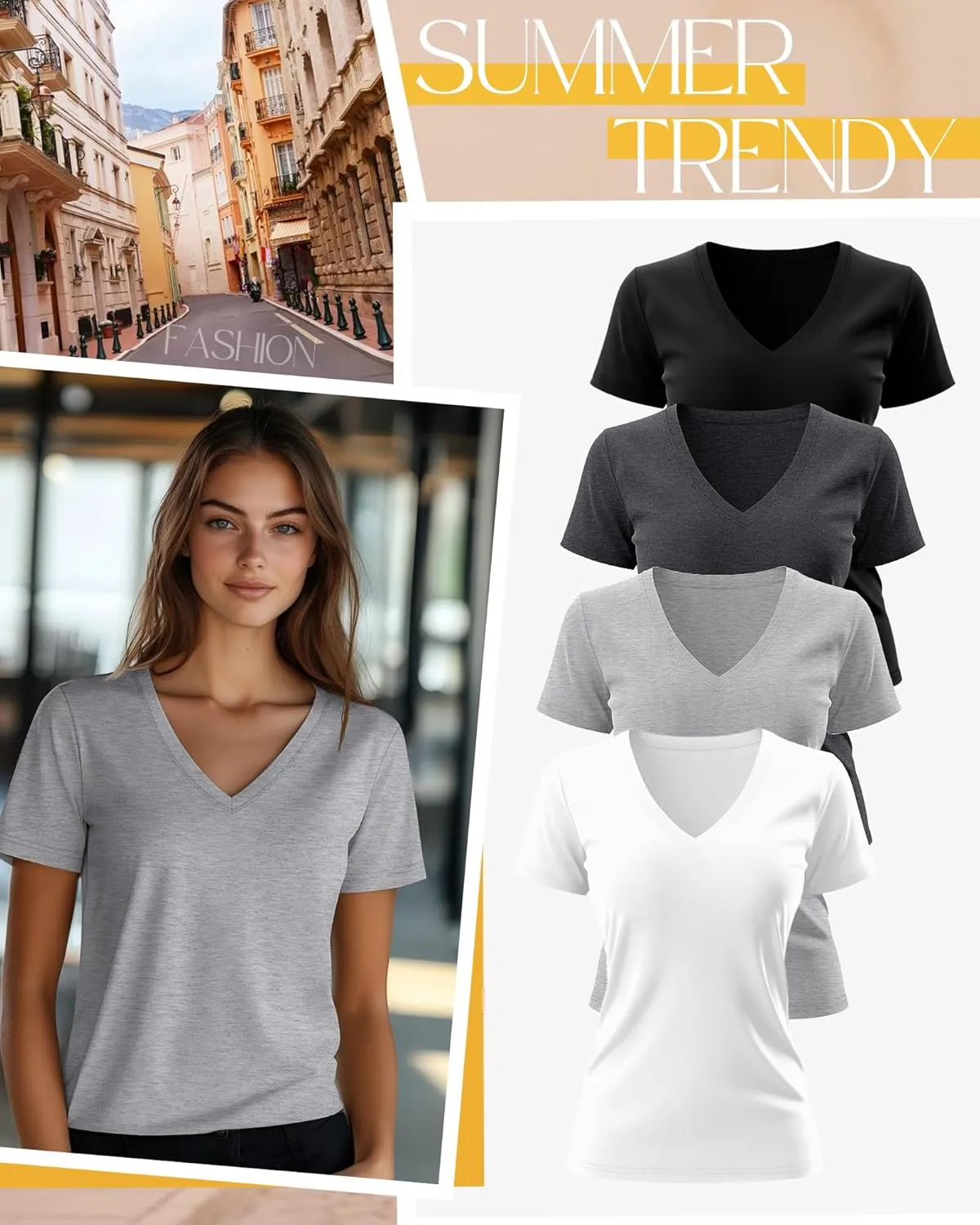 Neer 4 Pack Women's V Neck T-Shirts Summer Short Sleeve Casual Tops Loose Fit Flat Hem Basic Tees