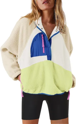 Nirovien Womens Fleece Pullover Long Sleeve Sherpa Jacket Button Down Fuzzy Sweatshirt Warm Outwear with Pockets