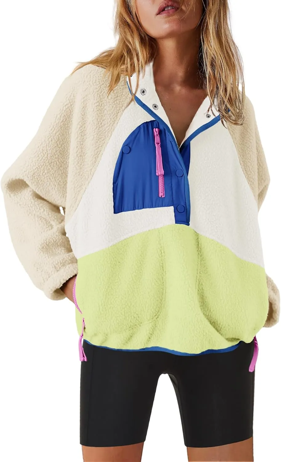 Nirovien Womens Fleece Pullover Long Sleeve Sherpa Jacket Button Down Fuzzy Sweatshirt Warm Outwear with Pockets
