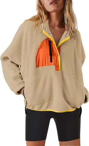 Nirovien Womens Fleece Pullover Long Sleeve Sherpa Jacket Button Down Fuzzy Sweatshirt Warm Outwear with Pockets