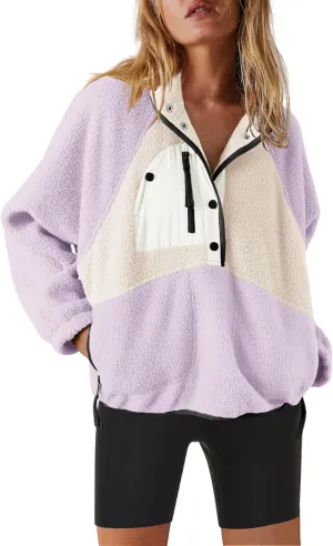 Nirovien Womens Fleece Pullover Long Sleeve Sherpa Jacket Button Down Fuzzy Sweatshirt Warm Outwear with Pockets