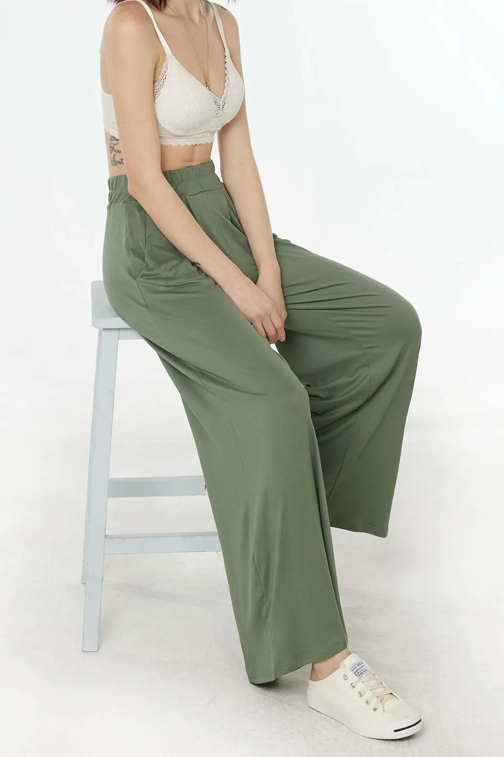 noflik Women's Comfy High Waisted Knit Wide Leg Yoga Pants Business Casual Elastic Waist Loose Trendy Trousers with Pockets