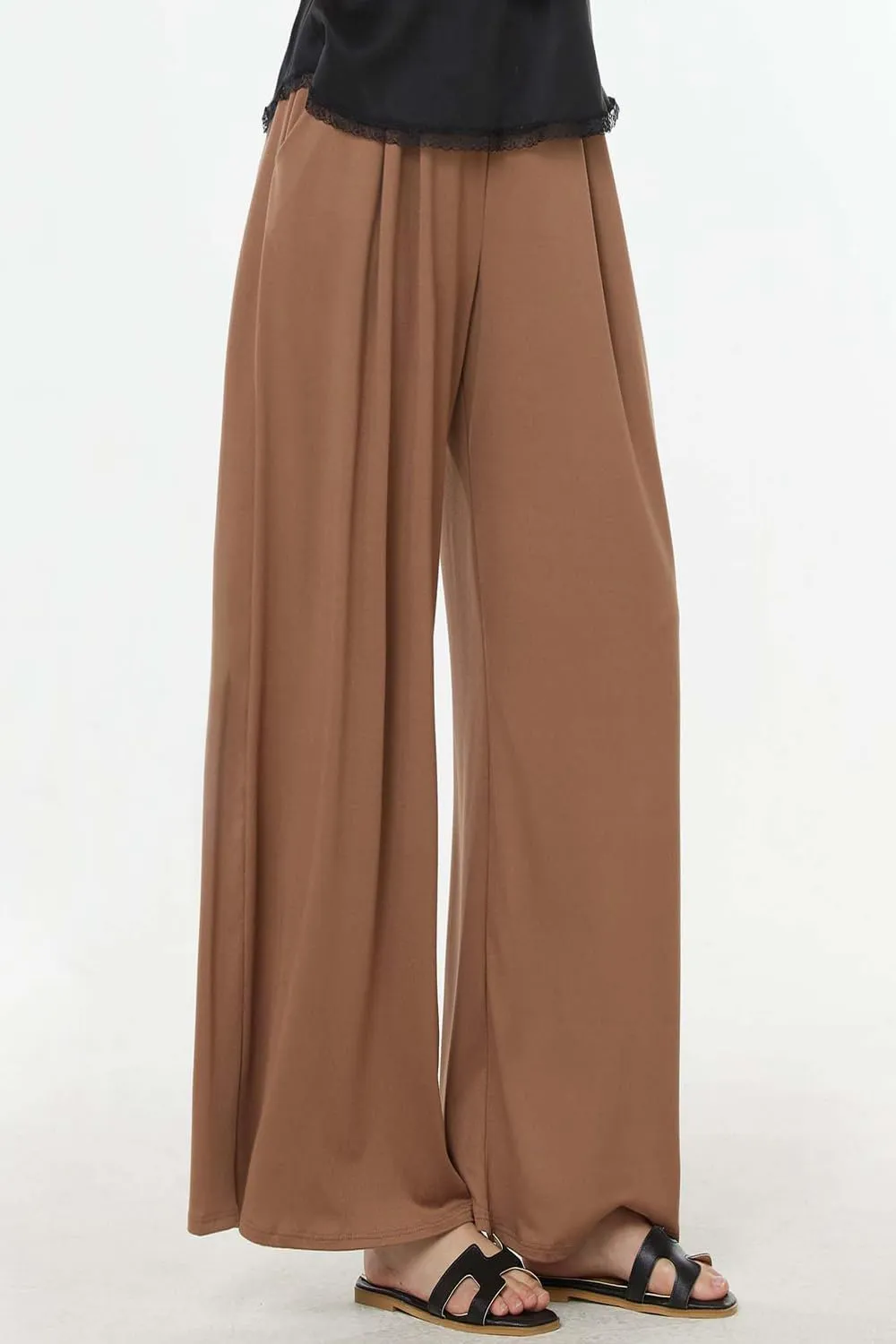 noflik Women's Comfy High Waisted Knit Wide Leg Yoga Pants Business Casual Elastic Waist Loose Trendy Trousers with Pockets