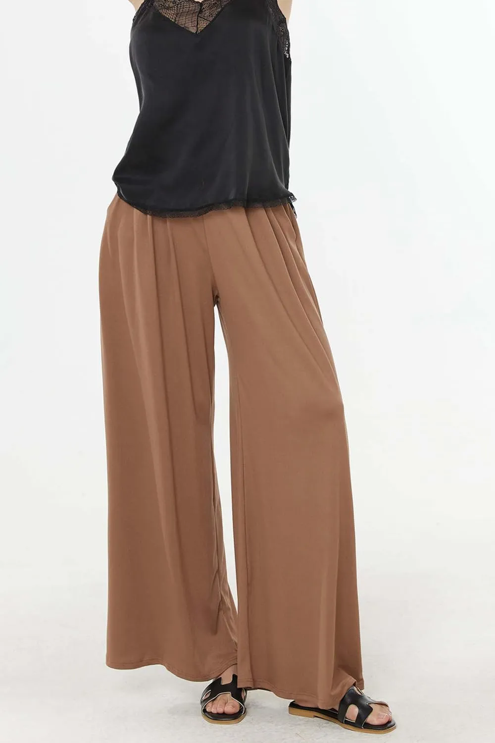 noflik Women's Comfy High Waisted Knit Wide Leg Yoga Pants Business Casual Elastic Waist Loose Trendy Trousers with Pockets