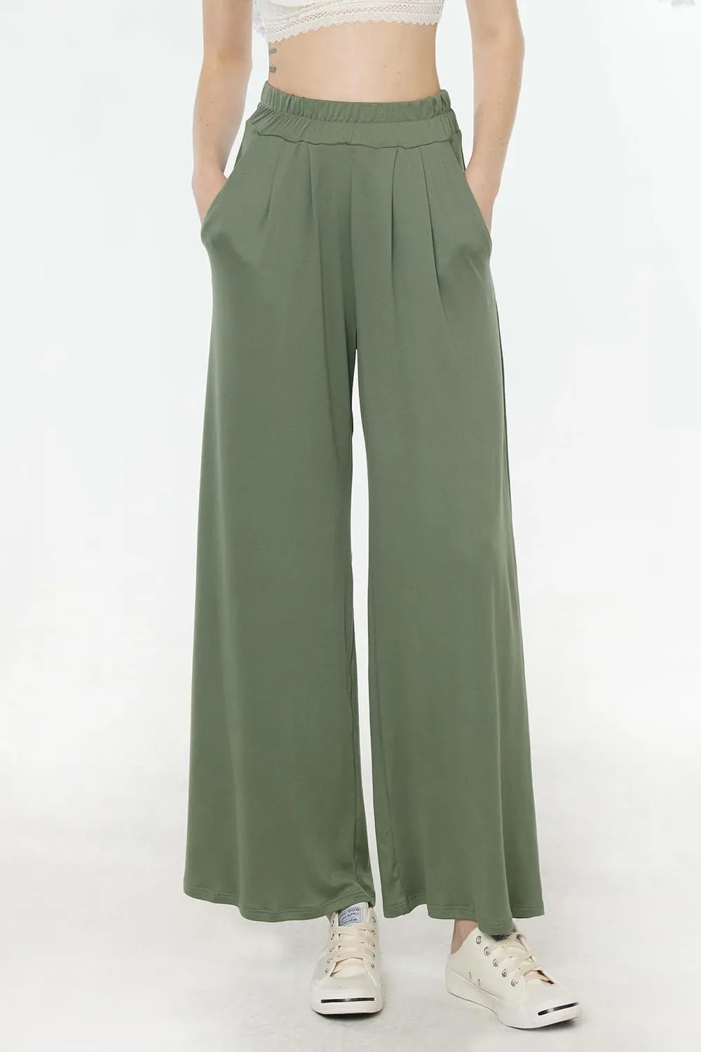 noflik Women's Comfy High Waisted Knit Wide Leg Yoga Pants Business Casual Elastic Waist Loose Trendy Trousers with Pockets