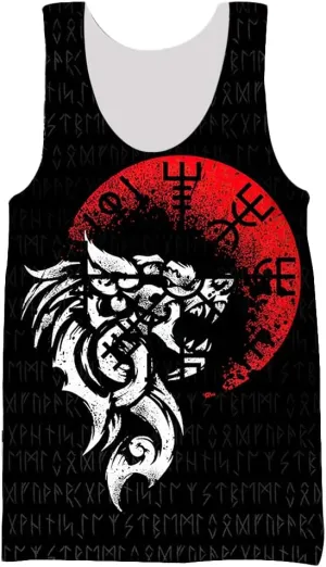 Norse Viking 3D Print Tank Top Fenrir Wolf Sleeveless T-Shirt, Vintage Workout Tees Fitness Vest Sporty Undershirts