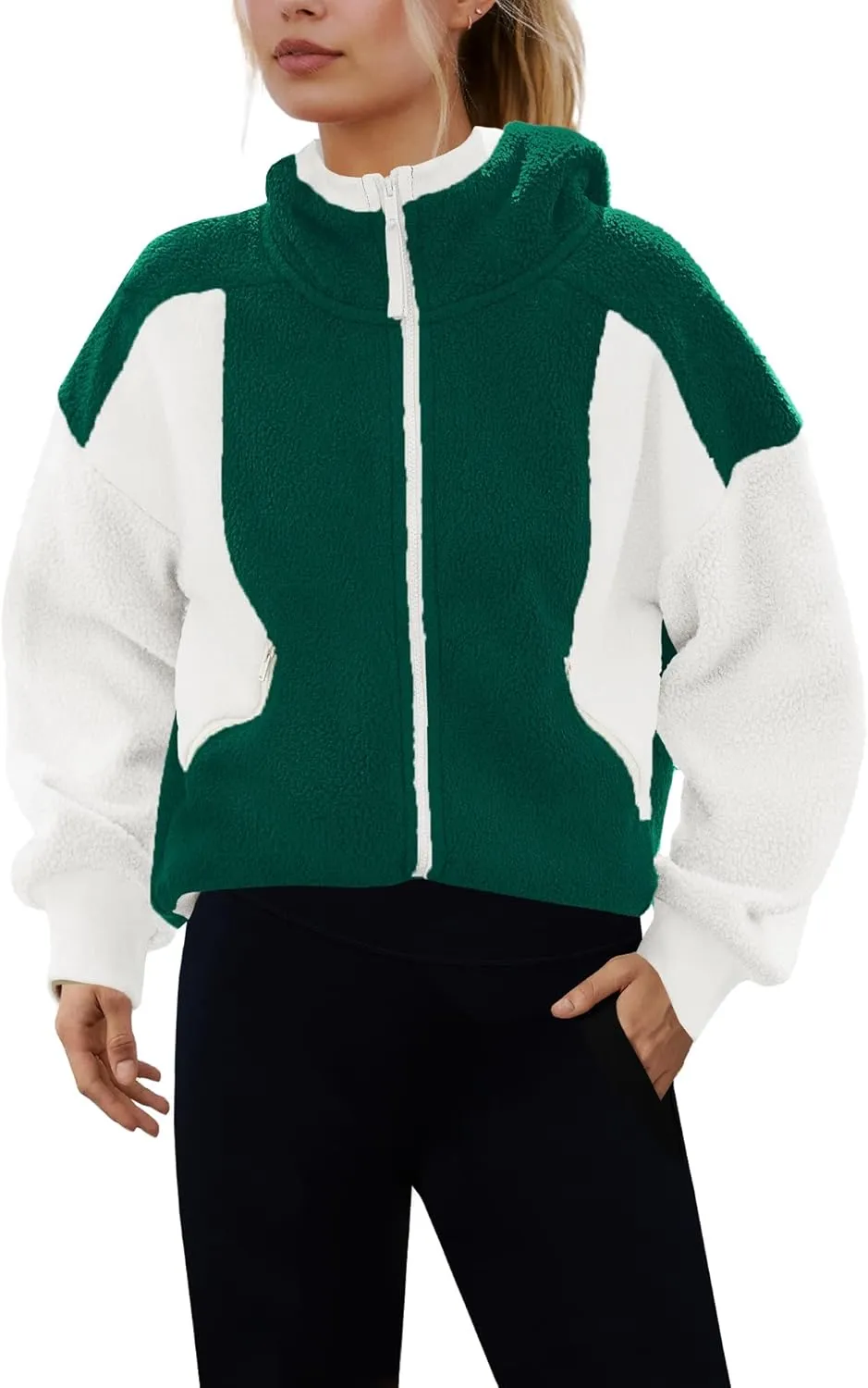 Panadila Womens Fuzzy Fleece Jacket Zip Up Oversized Hoodie Sherpa Warm Coats Color Block Top Outerwear with Pockets