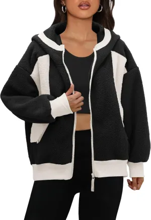 Panadila Womens Fuzzy Fleece Jacket Zip Up Oversized Hoodie Sherpa Warm Coats Color Block Top Outerwear with Pockets