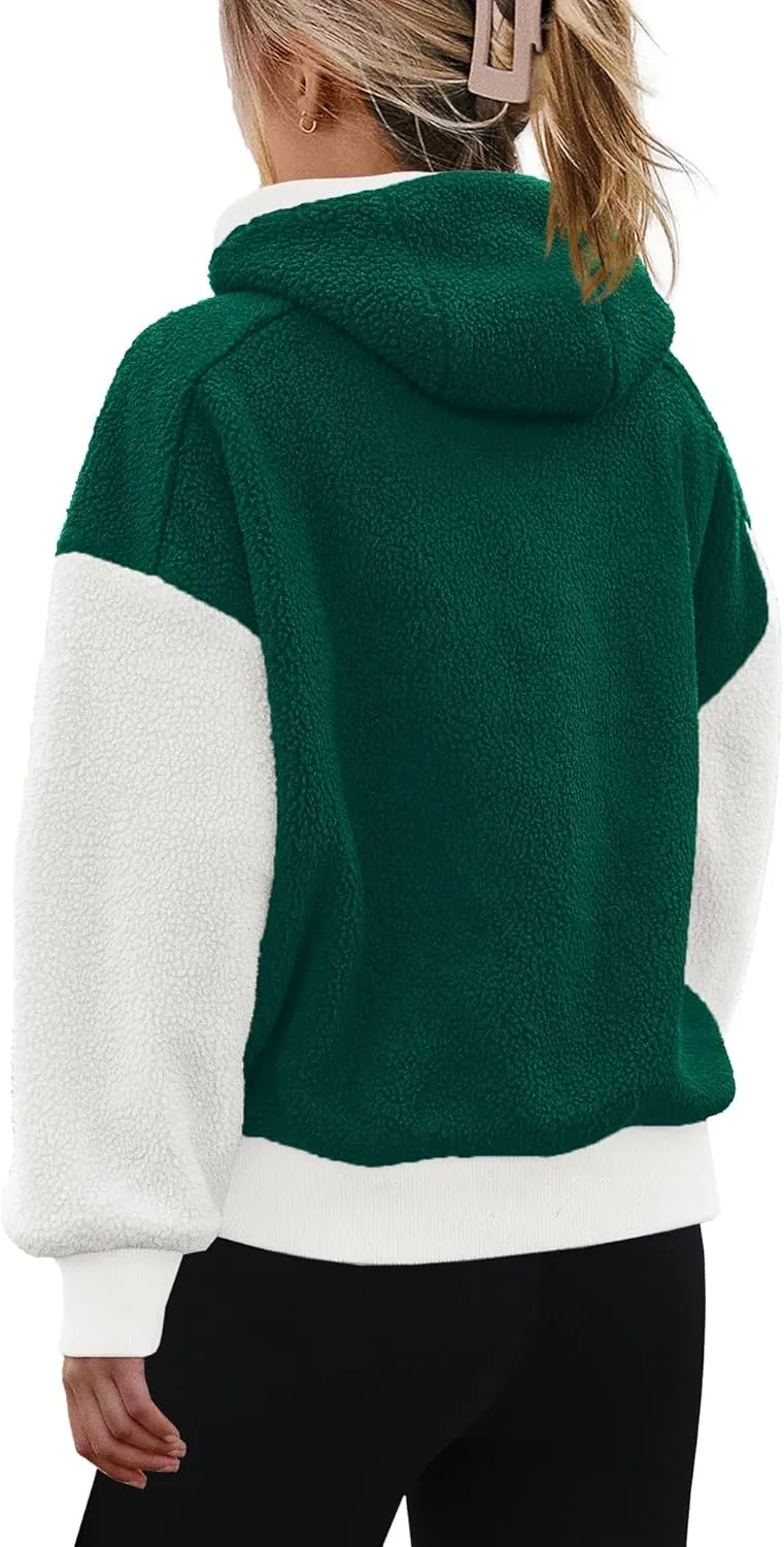 Panadila Womens Fuzzy Fleece Jacket Zip Up Oversized Hoodie Sherpa Warm Coats Color Block Top Outerwear with Pockets
