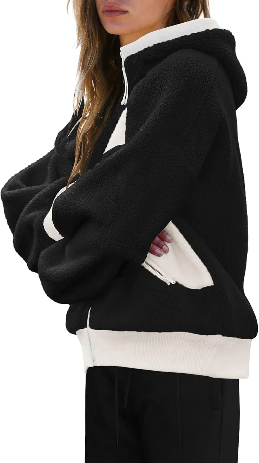 Panadila Womens Fuzzy Fleece Jacket Zip Up Oversized Hoodie Sherpa Warm Coats Color Block Top Outerwear with Pockets
