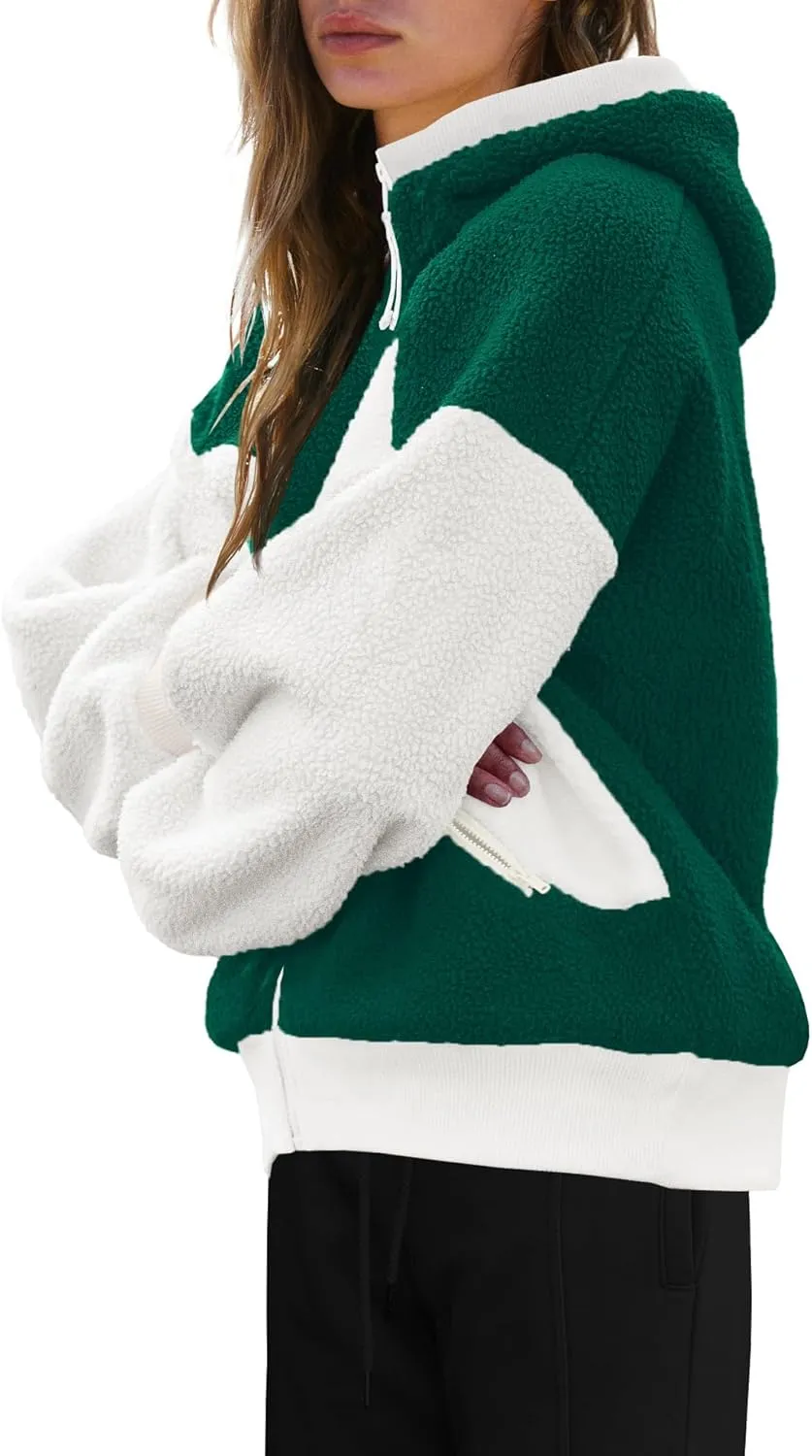 Panadila Womens Fuzzy Fleece Jacket Zip Up Oversized Hoodie Sherpa Warm Coats Color Block Top Outerwear with Pockets