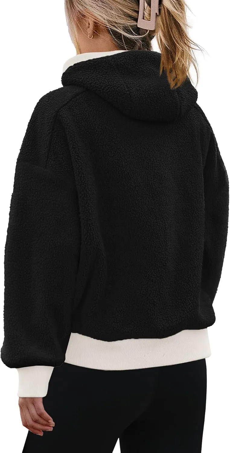 Panadila Womens Fuzzy Fleece Jacket Zip Up Oversized Hoodie Sherpa Warm Coats Color Block Top Outerwear with Pockets